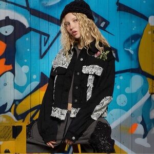 POL Black and Cream Bomber Jacket with Lace and Embroidery NEW